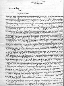 Erste Seite des Briefes von Theodor Mundt-Lauff an Ernst Behm, London, 15. Januar 1879, Forschungsbibliothek Gotha SPA ARCH PGM 505, Bl. 3. 